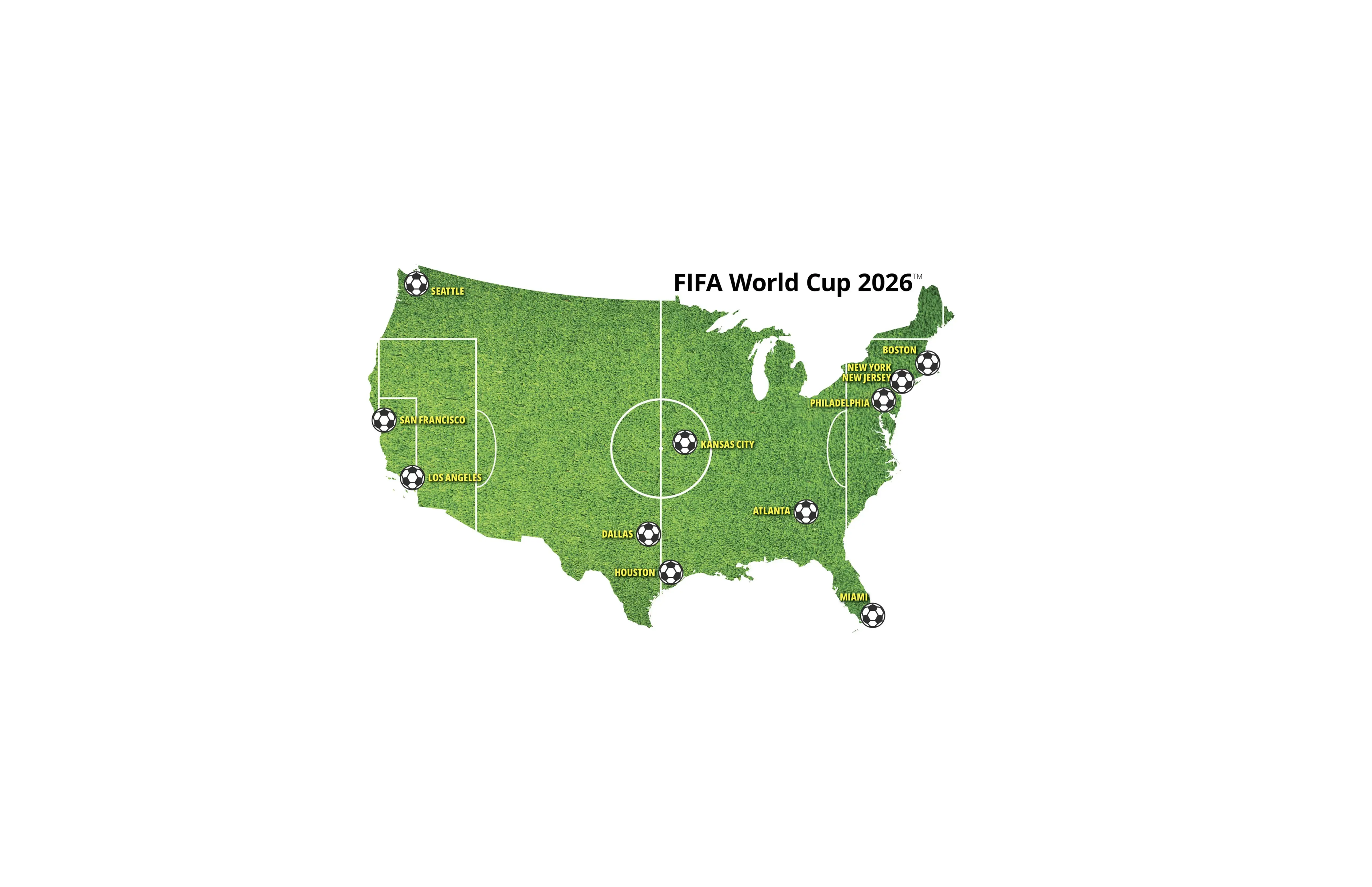 Map of the 11 US host cities for the 2026 FIFA World Cup, where a Category 3 ticket costs $201 or 322,449 satoshis