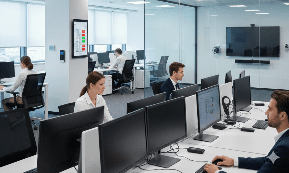 Escritório corporativo moderno com profissionais em estações de trabalho, destacando dispositivos de automação empresarial como uma câmera de segurança CFTV instalados na sala de vidro.