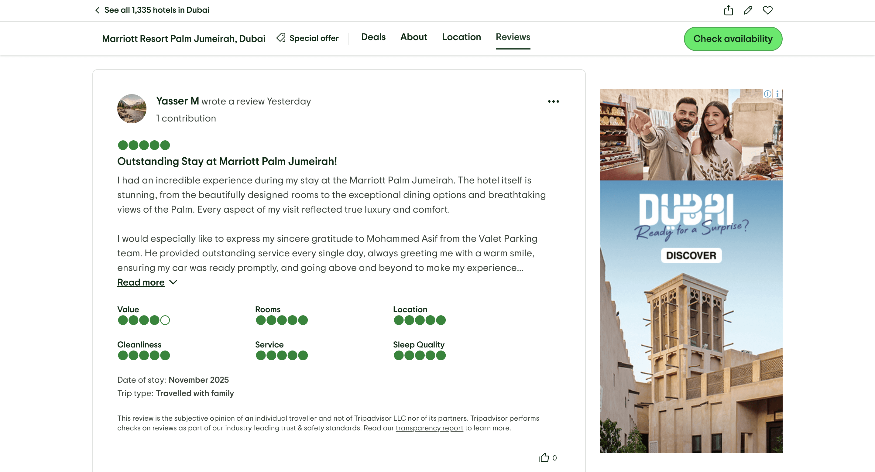 Reviews for a hotel on Tripadvisor