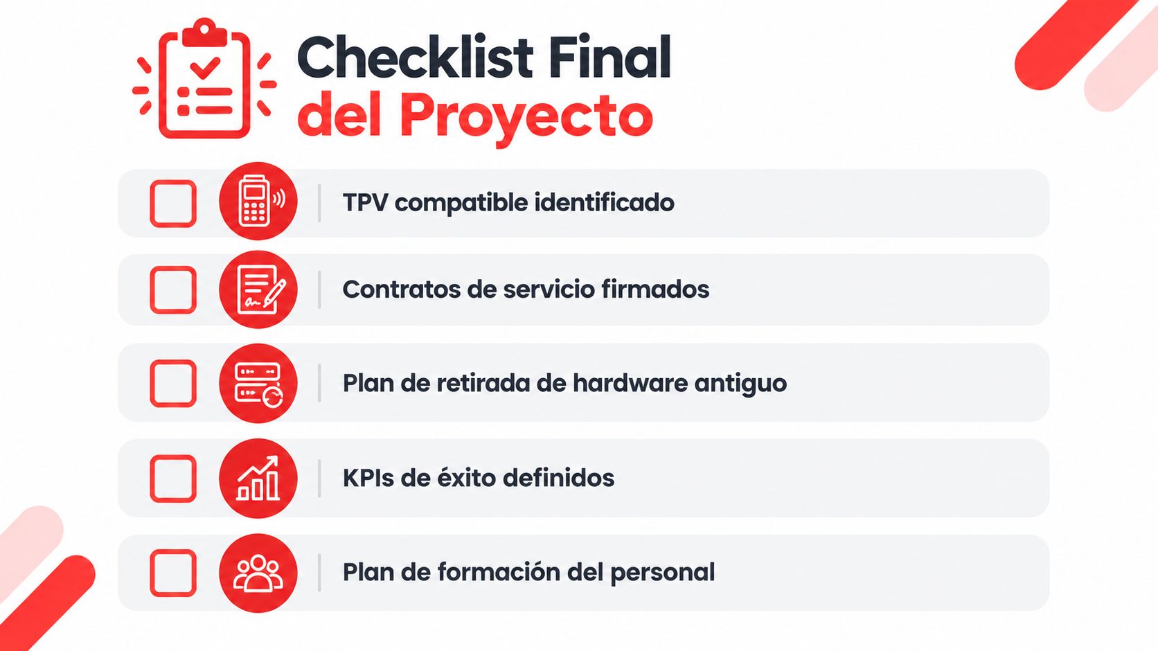 Lista de verificación para proyectos de kiosco de autoservicio que muestra tareas importantes de gestión e implementación.