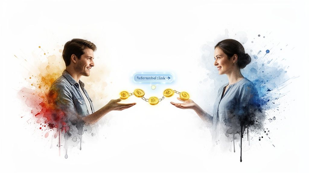 Two people smiling, exchanging linked gold coins with a 'referral link' above.