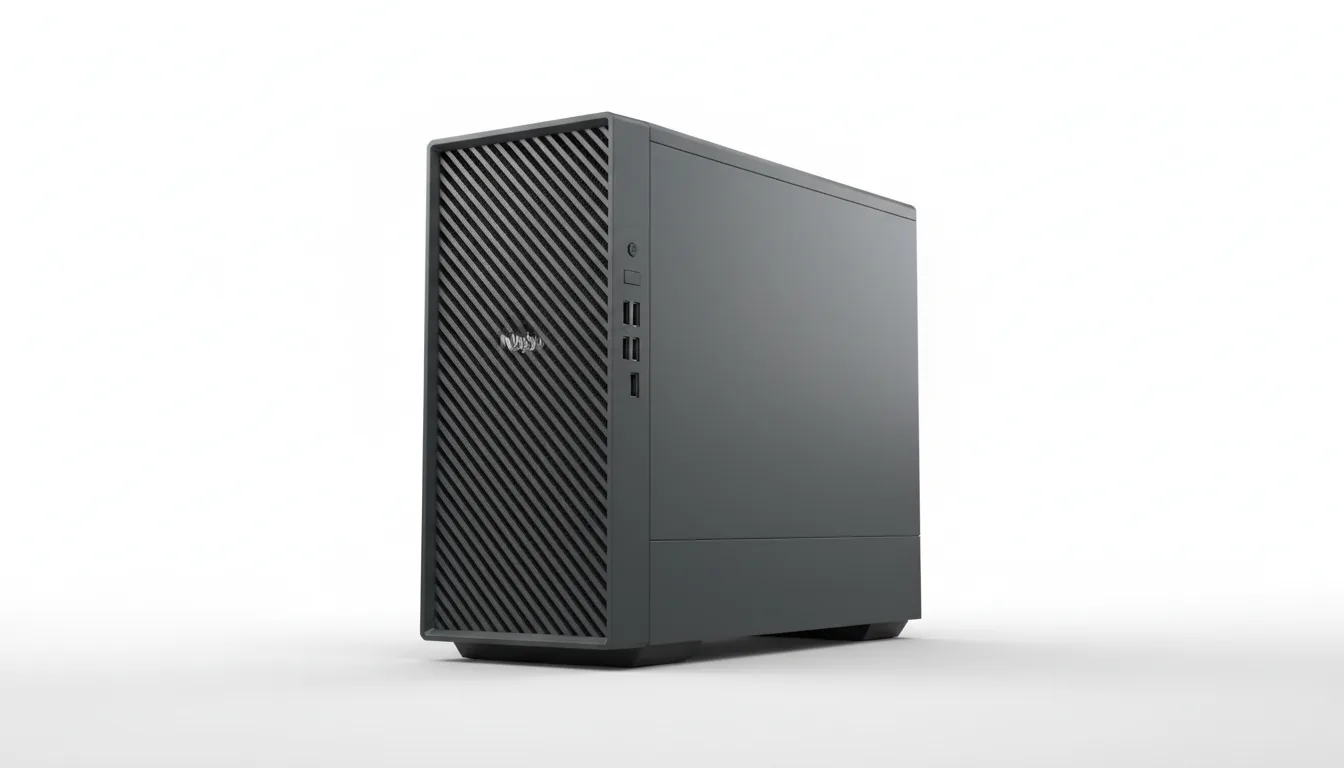 DSLR product photography of a Dell Precision 7865 professional tower workstation, angled at a three-quarters view. The image features soft studio lighting that evenly illuminates the dark gray matte metal chassis and its intricate front grille, which has a distinctive diagonal slat pattern. The workstation is isolated on a seamless, pure white background, with sharp focus across the entire object.