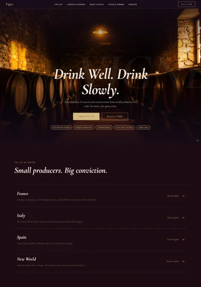 wine bar website prompt — dark burgundy and champagne natural wine bar website design preview