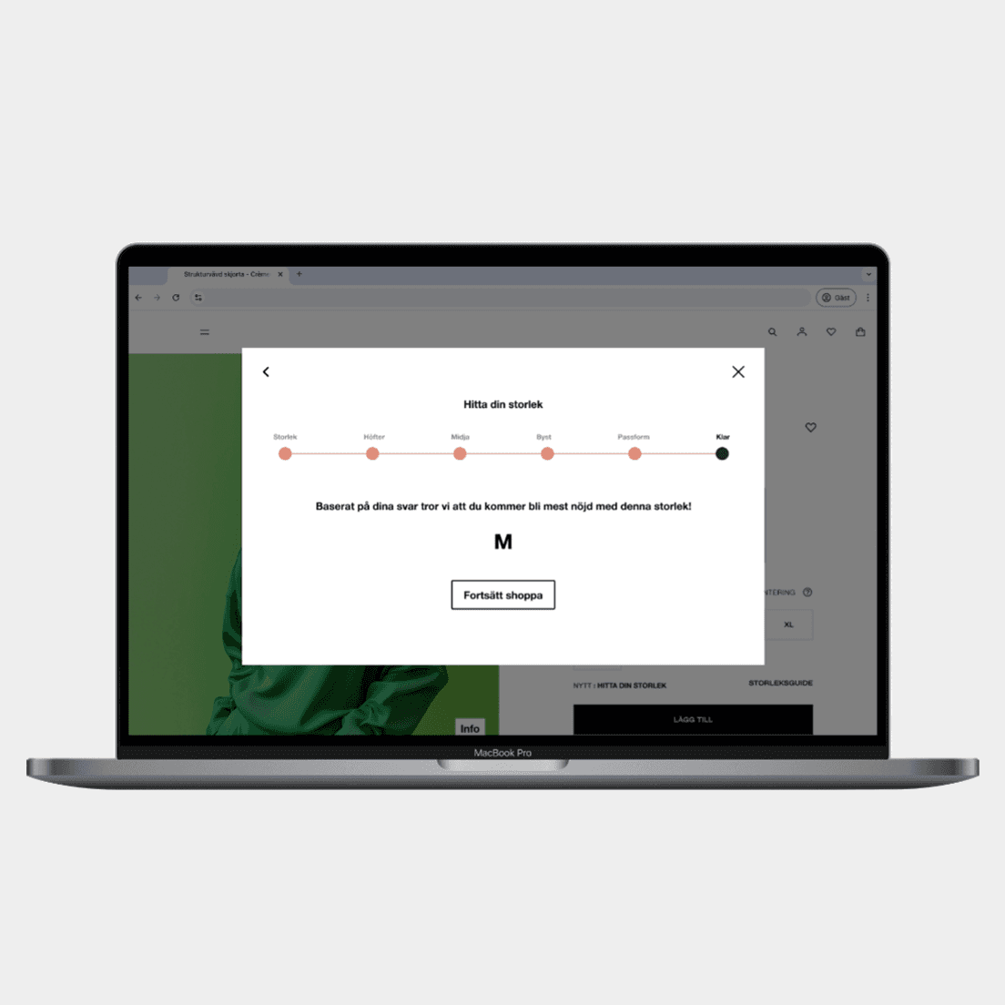 Second project. a laptop showcasing find your size, features a horizontal progress bar with size factors such as hips, waist, and bust. The recommendation suggests size 'M' based on user input, with a button labeled continue shopping below.