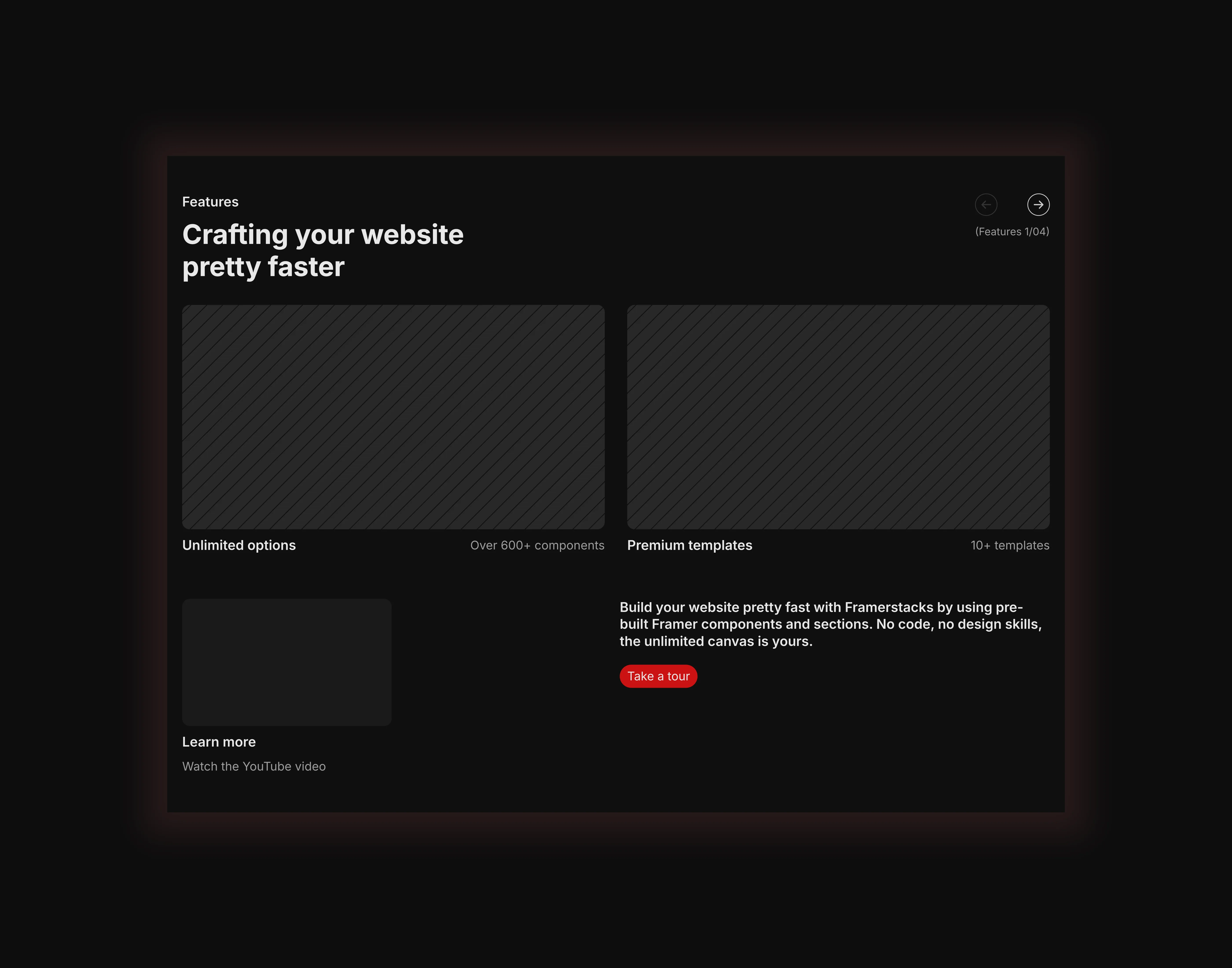 a simple dark themed features ui design which can embed both images and video. optimized for desktop devices.