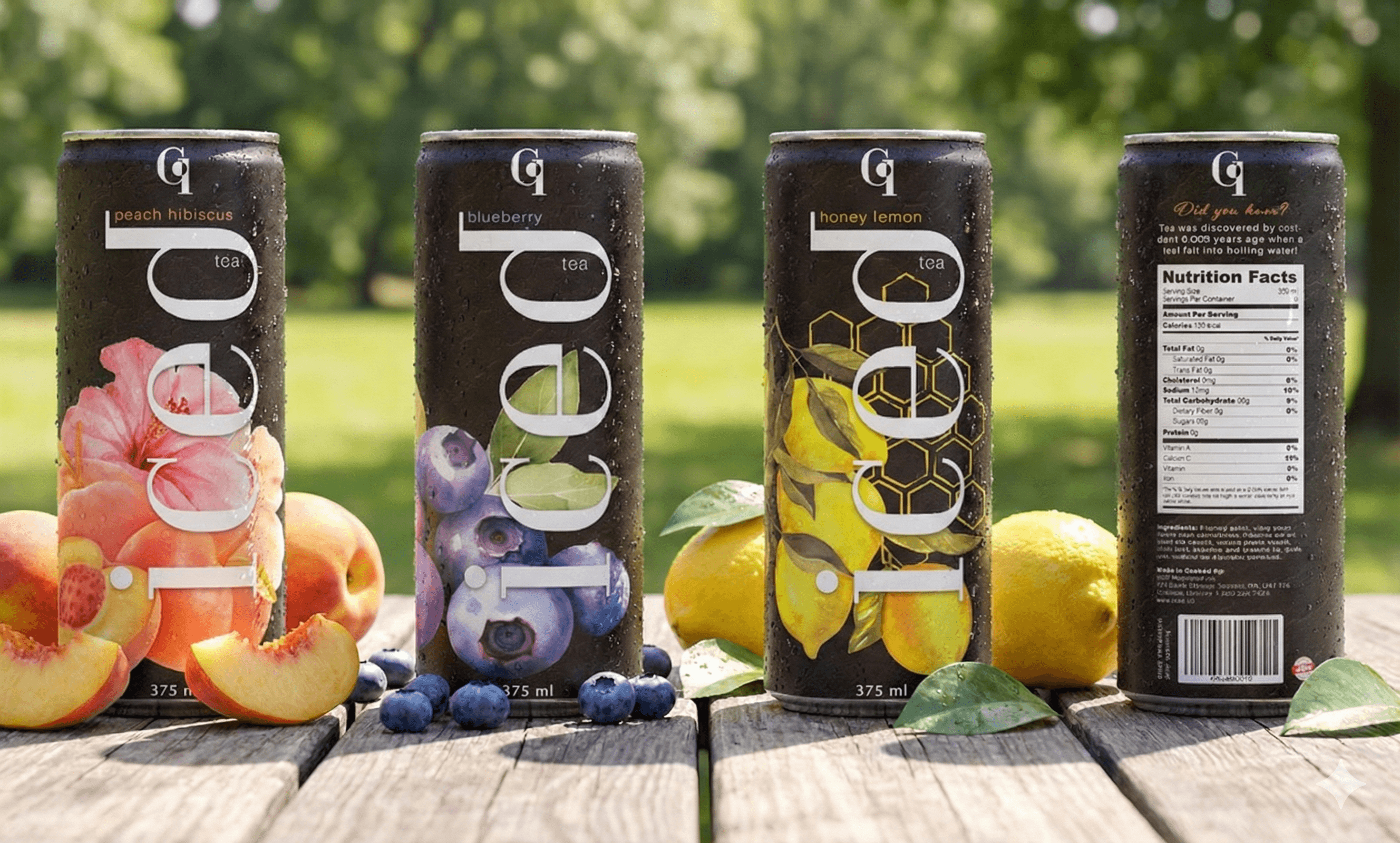 Mockup of iced tea can showing full branding and packaging design