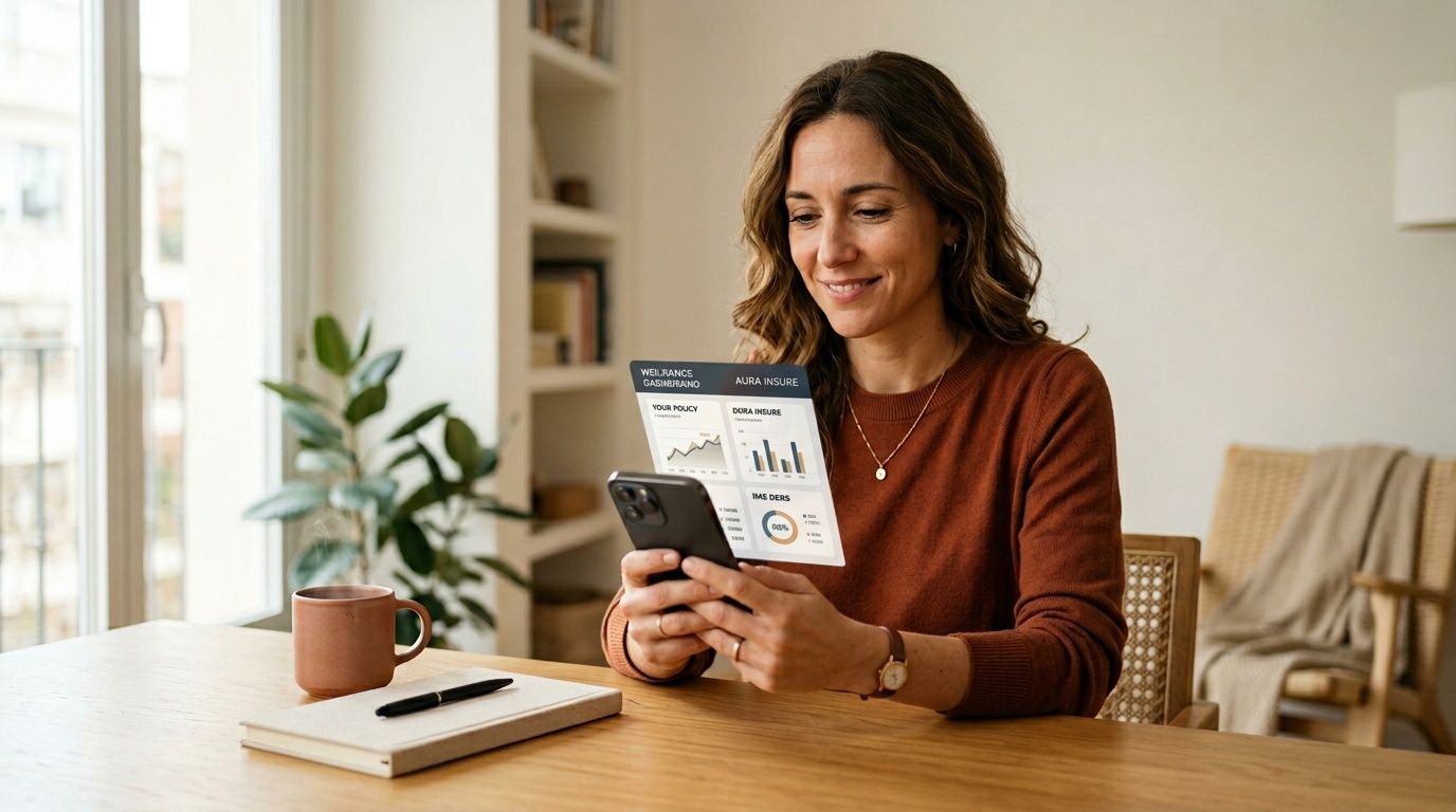 Mujer sonriente en una mesa de madera usando un smartphone con una pantalla de datos proyectada.