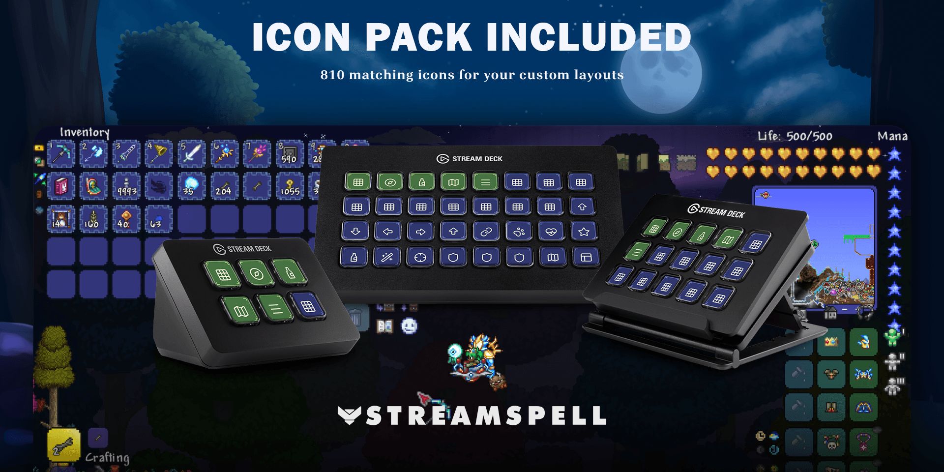 Terraria icon pack preview showing matching green category keys and purple action keys on Stream Deck Mini, XL and MK2
