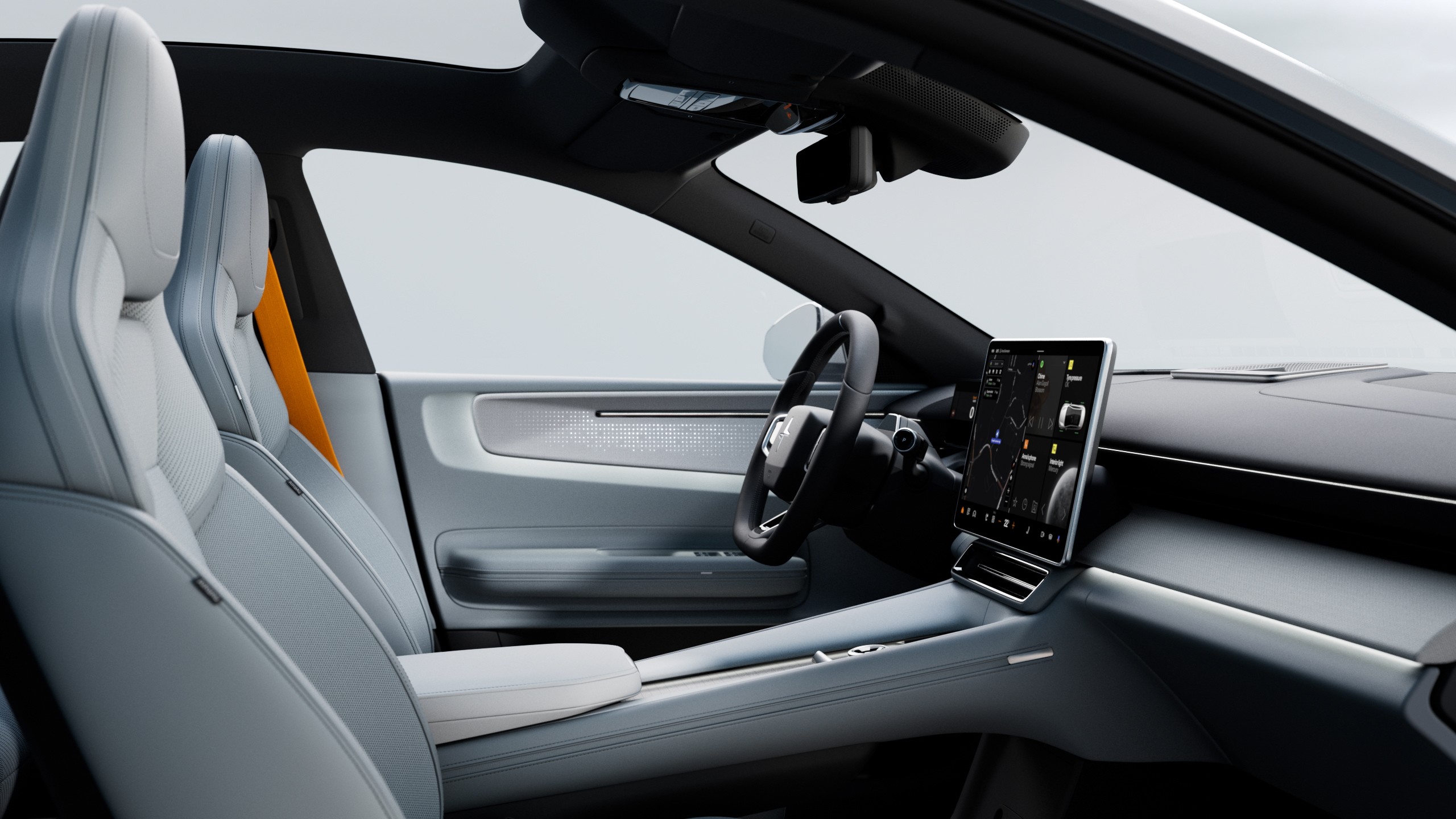 Intérieur de la Polestar 4 avec sellerie claire, écran tactile central et design minimaliste