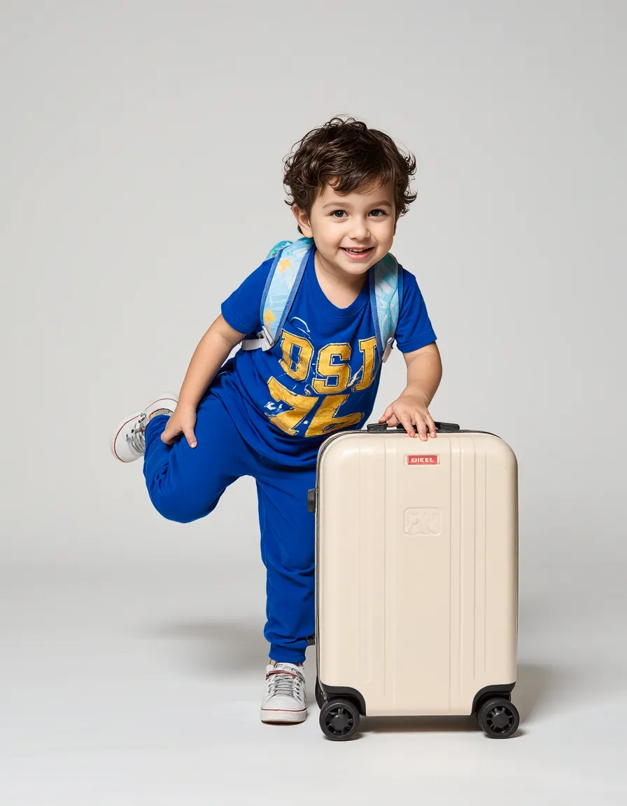 Child in bright blue outfit with backpack posing playfully with cream-colored travel suitcase against neutral background