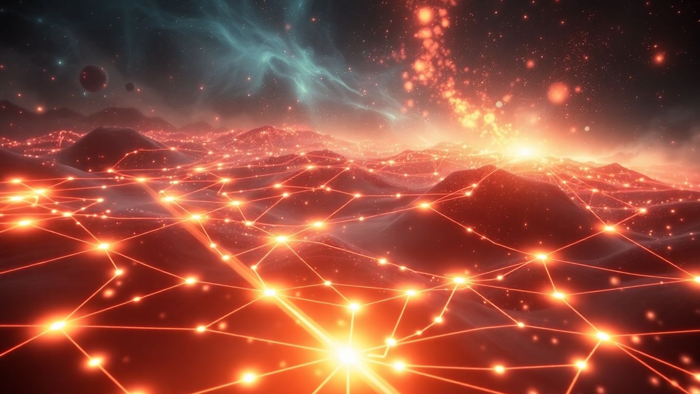 Futuristic digital landscape with glowing nodes and pathways.