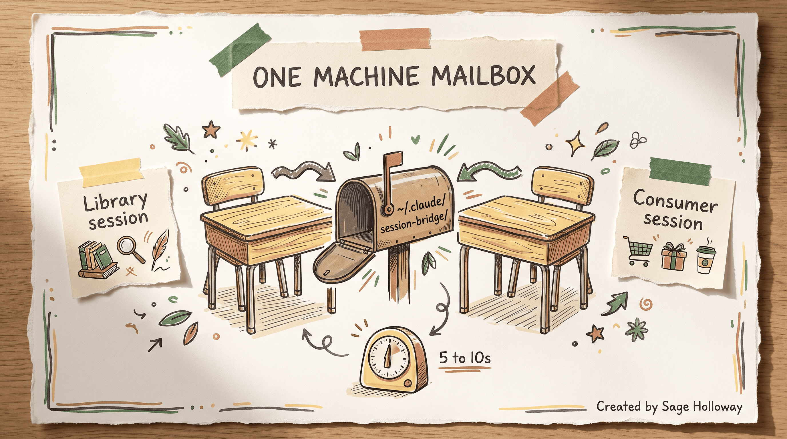 Scrapbook diagram of a file mailbox bridging two isolated Claude Code sessions on one machine