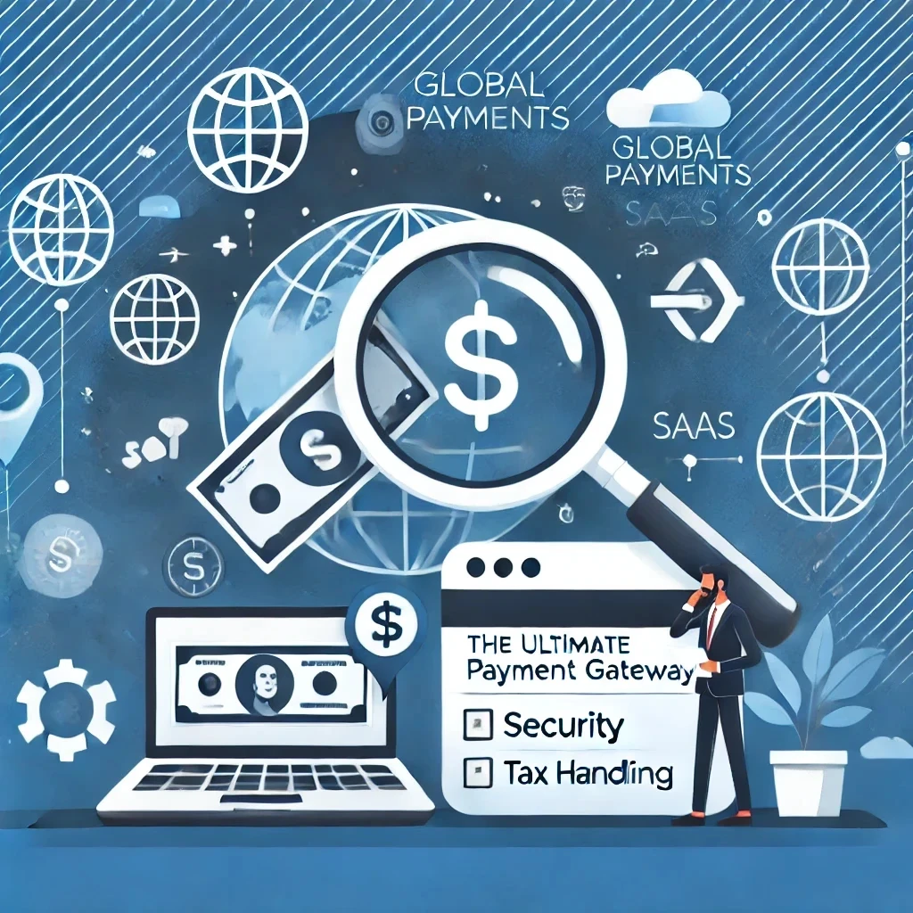 A clean, professional graphic depicting an Indian MicroSaaS founder analyzing various payment gateways. The image shows icons representing global payments, security, tax handling, and currency symbols, with a magnifying glass focusing on different gateways. A laptop or mobile device symbolizes SaaS, emphasizing the decision-making process for selecting the best payment gateway for global reach and smooth payment processes.