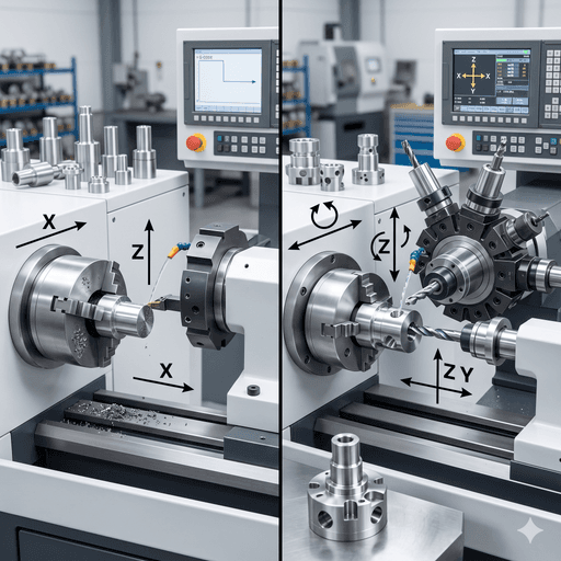 CNC 2-axis vs 3-axis turning machine class banner