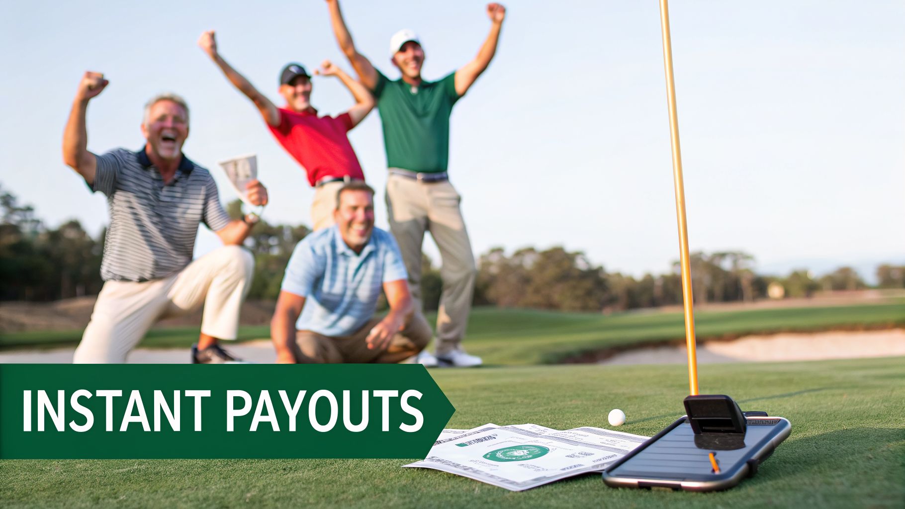 Four male golfers celebrate on the course with a trophy, money, and a phone for instant payouts.