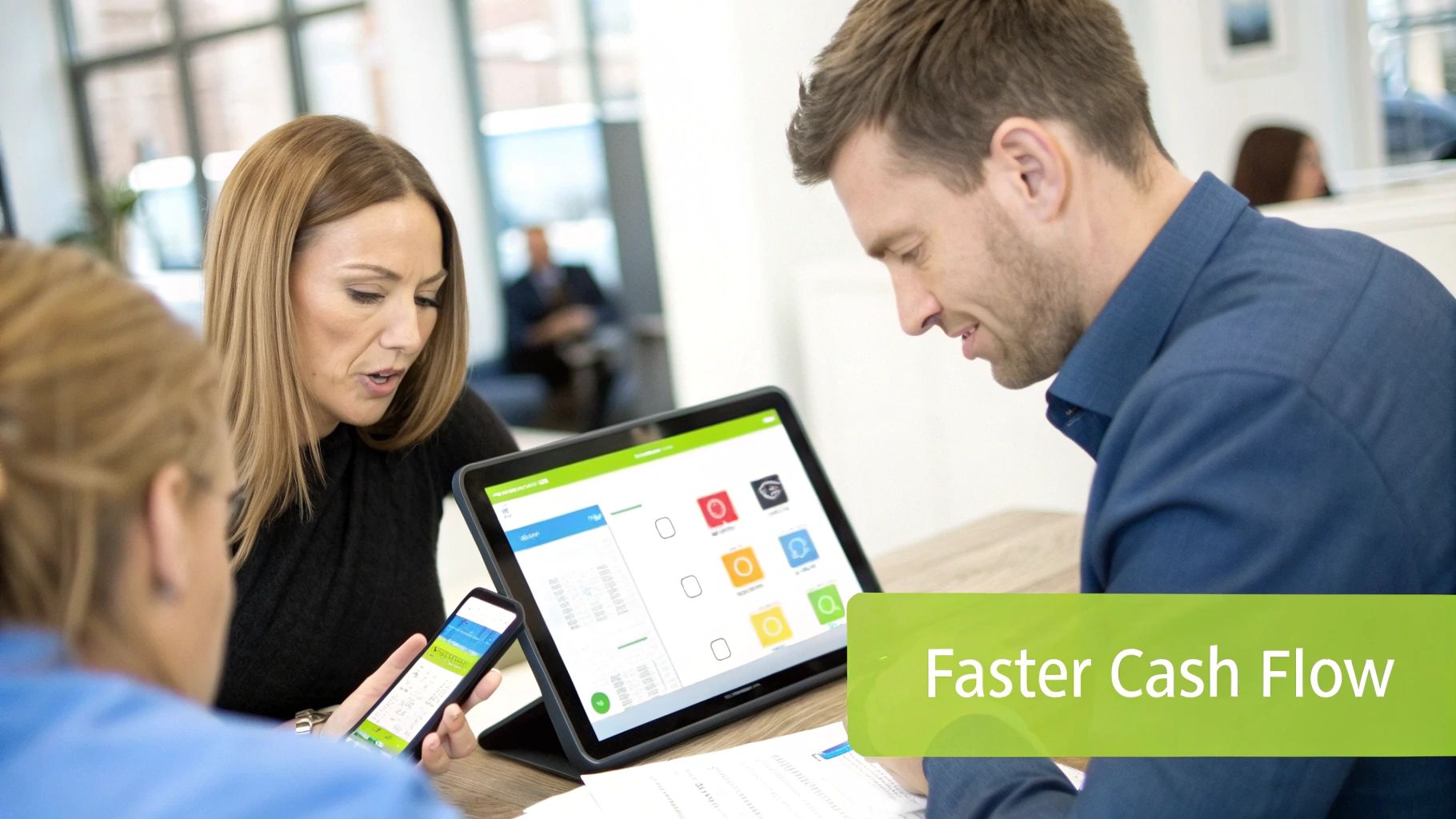 Three business people collaborating using a tablet and smartphone in a modern office setting.