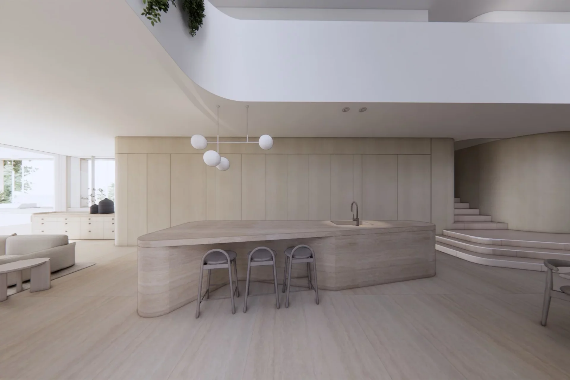 Aerial view of a stylish restaurant with a marble-topped bar, wooden floor, and beige cushioned booth seating. Tables set elegantly, evoking a cozy, upscale ambiance.