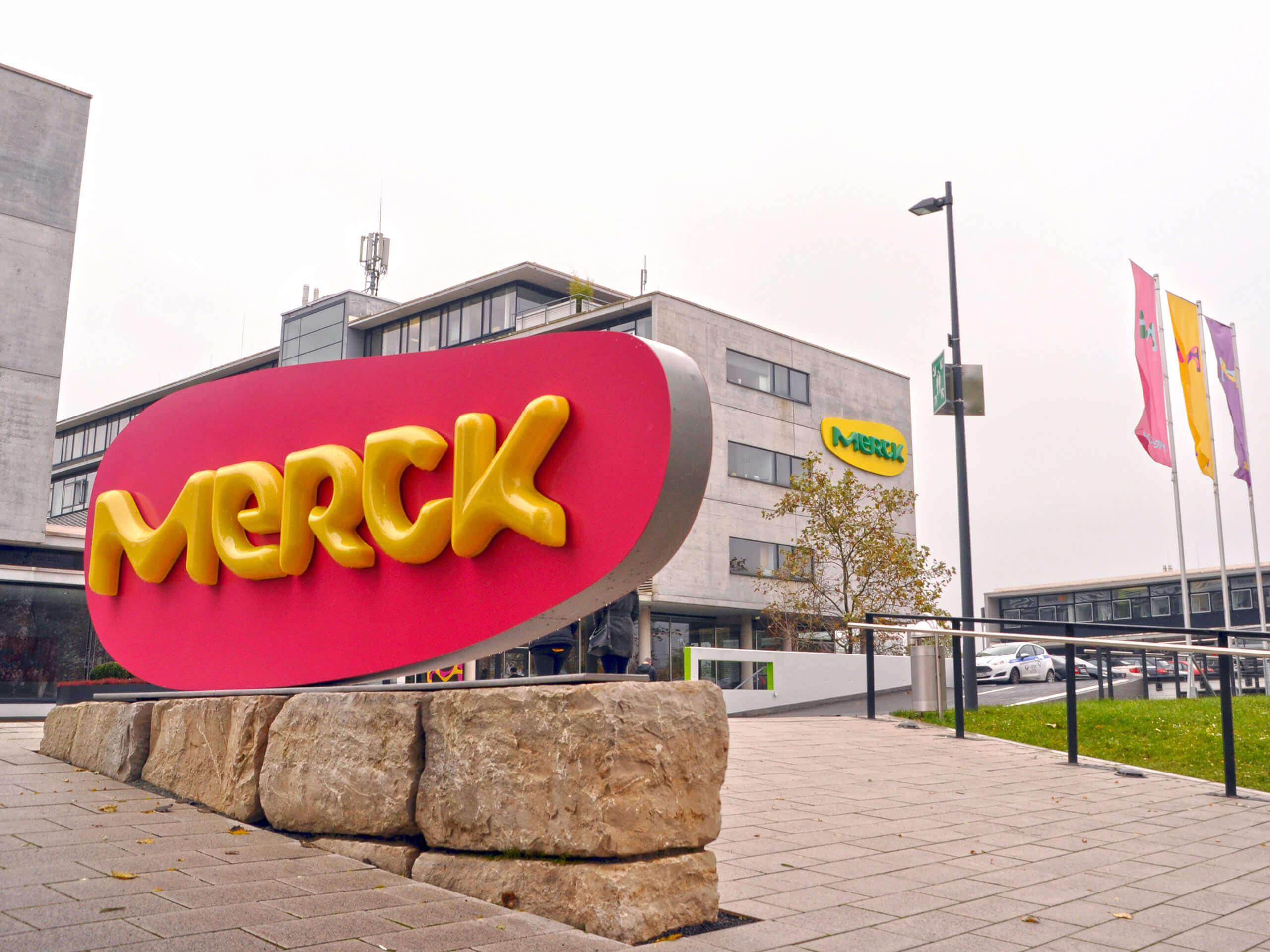 rebranded 3D Merck ornament at entrance