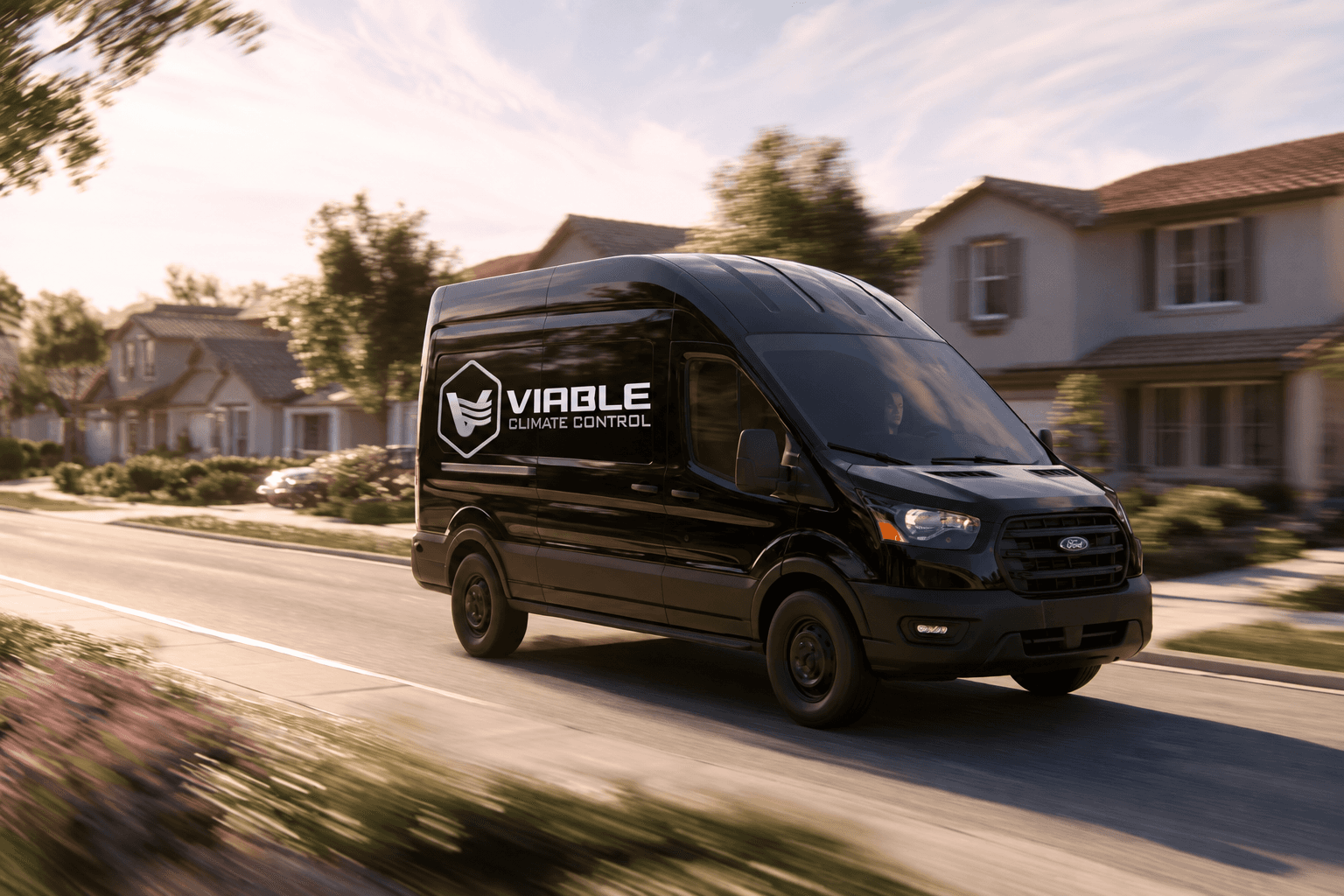 HVAC Pro van driving through neighborhood