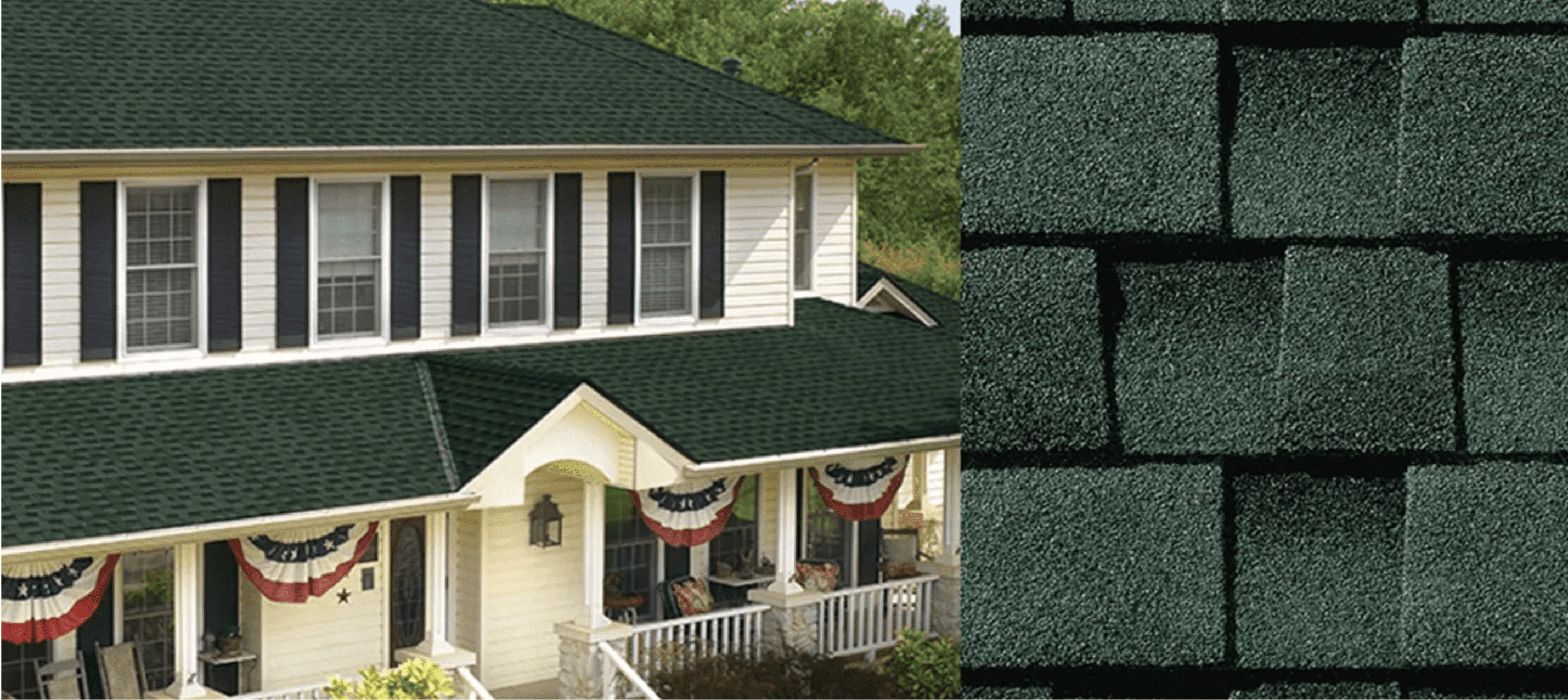 Combined beauty shot and swatch for GAF Timberline HDZ Hunter Green shingles.