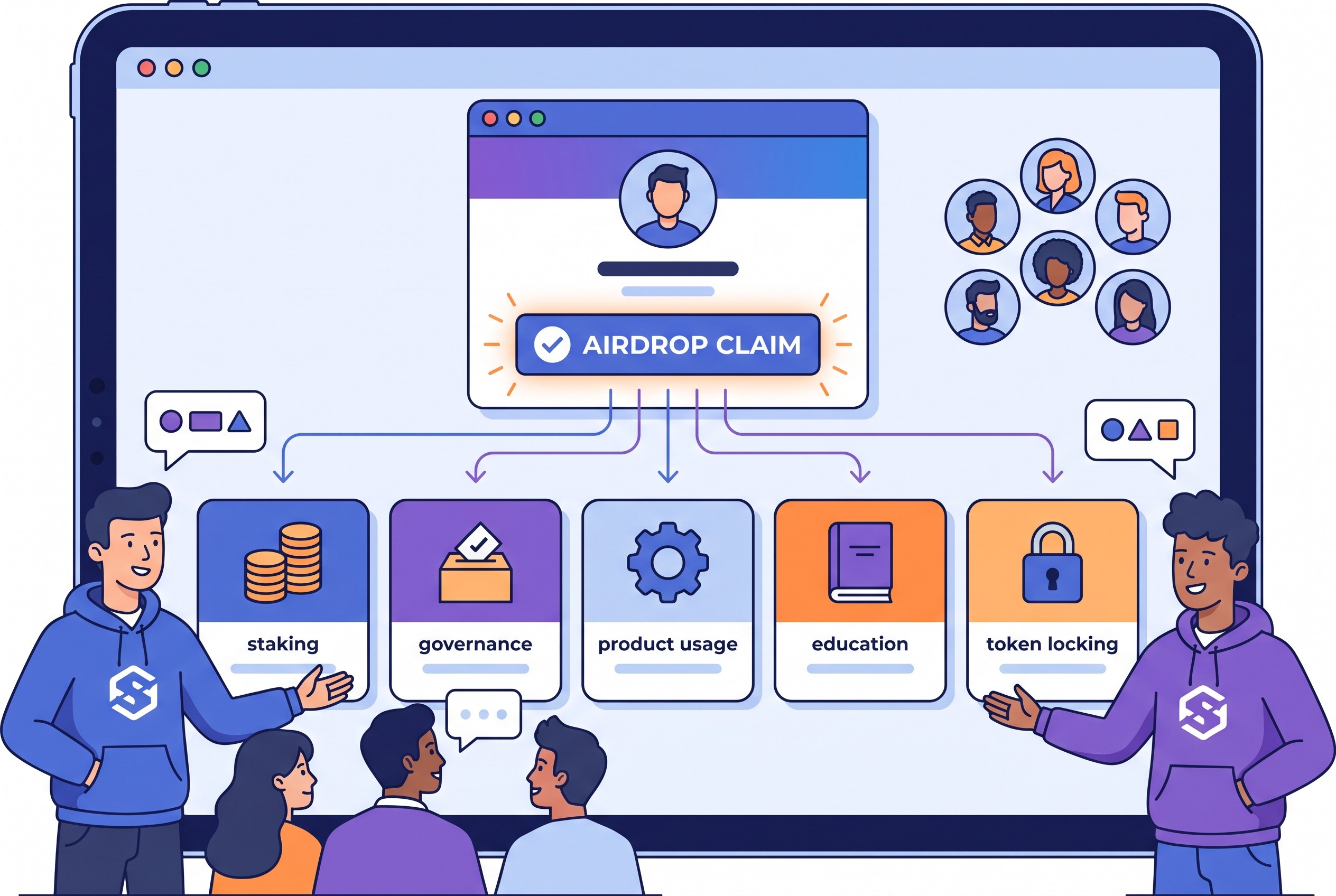 A crypto airdrop claim flow inside a web3 wallet interface, with eligible users choosing among five clear action tiles: staking, governance voting, product usage, education, and token locking; protocol team and community members guiding the process, emphasizing a small focused set of post-claim actions that lead into long-term participation, no readable text in the scene