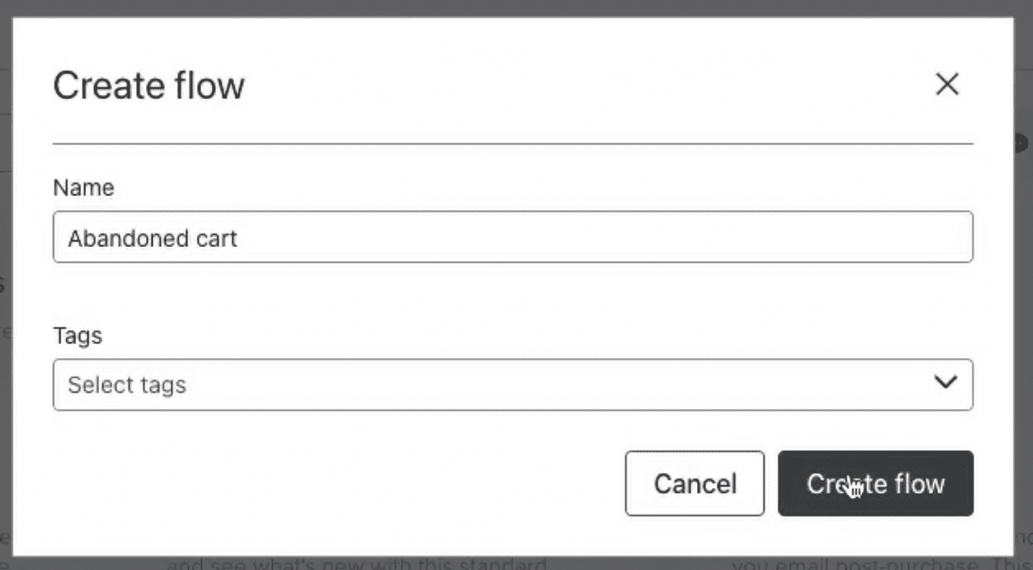 Create Abandoned Cart Flow.png – Klaviyo’s interface for creating an abandoned cart flow, with fields for naming and tagging the flow.