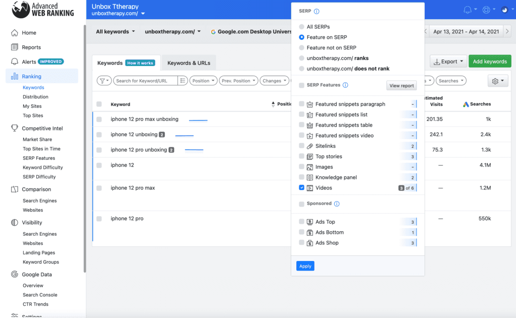 Tracking video SERP features with Advanced Web Ranking