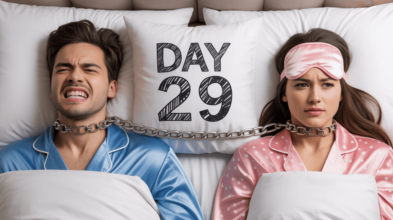 Ex-couple in bed chained together with DAY 29 text for survival challenge thumbnail