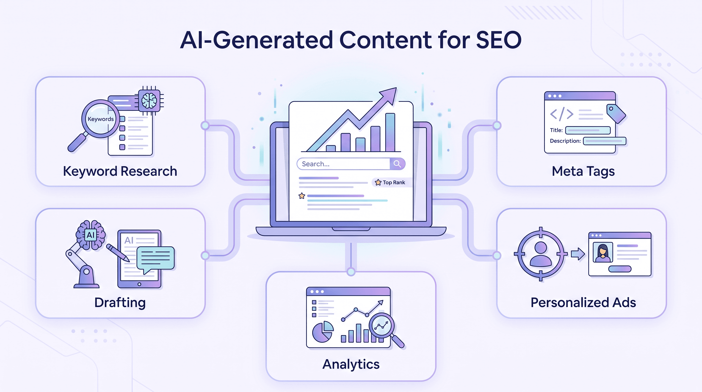 Infographic showing how AI-generated content supports SEO through keyword research, drafting, meta tags, personalized ads, and analytics