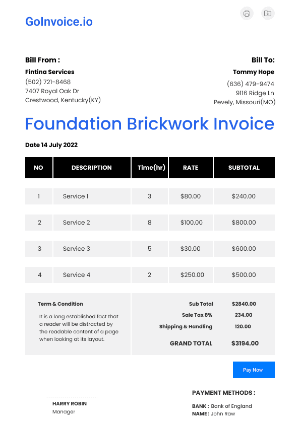 Foundation Brickwork Invoice