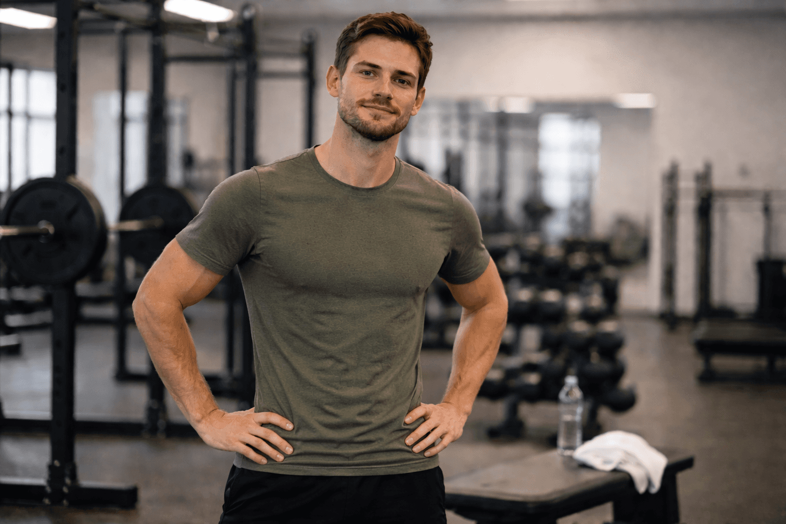 A fit man in an olive green t-shirt standing with hands on hips in a modern gym setting.