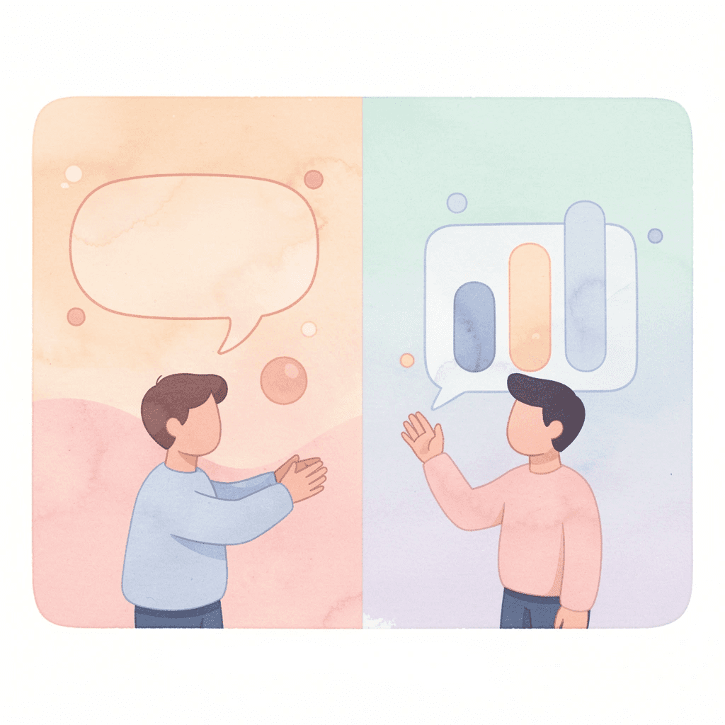 Split scene showing contrast between passive analysis and active speaking practice