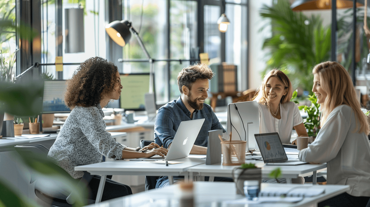team workspace with people working