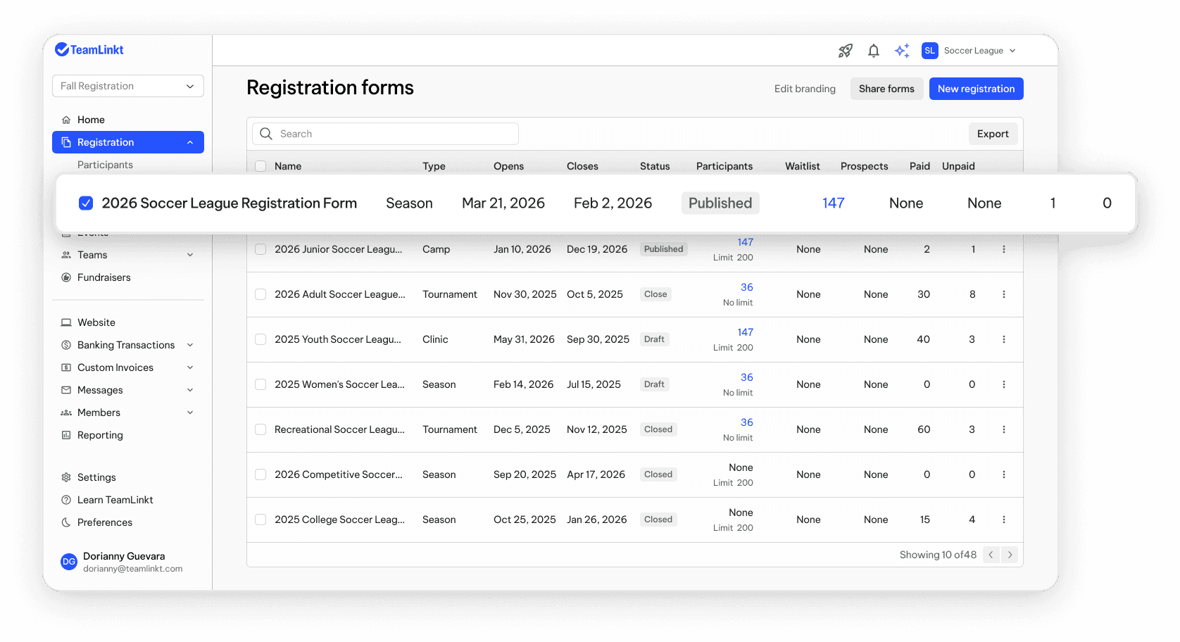 TeamLinkt's Soccer Registration Forms Dashboard