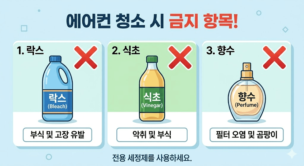 에어컨 청소 시 절대 사용하면 안 되는 금지 항목 인포그래픽. 락스, 식초, 향수는 에어컨 청소에 사용할 경우 부식·악취·곰팡이를 유발하므로 전용 세정제 사용 권장