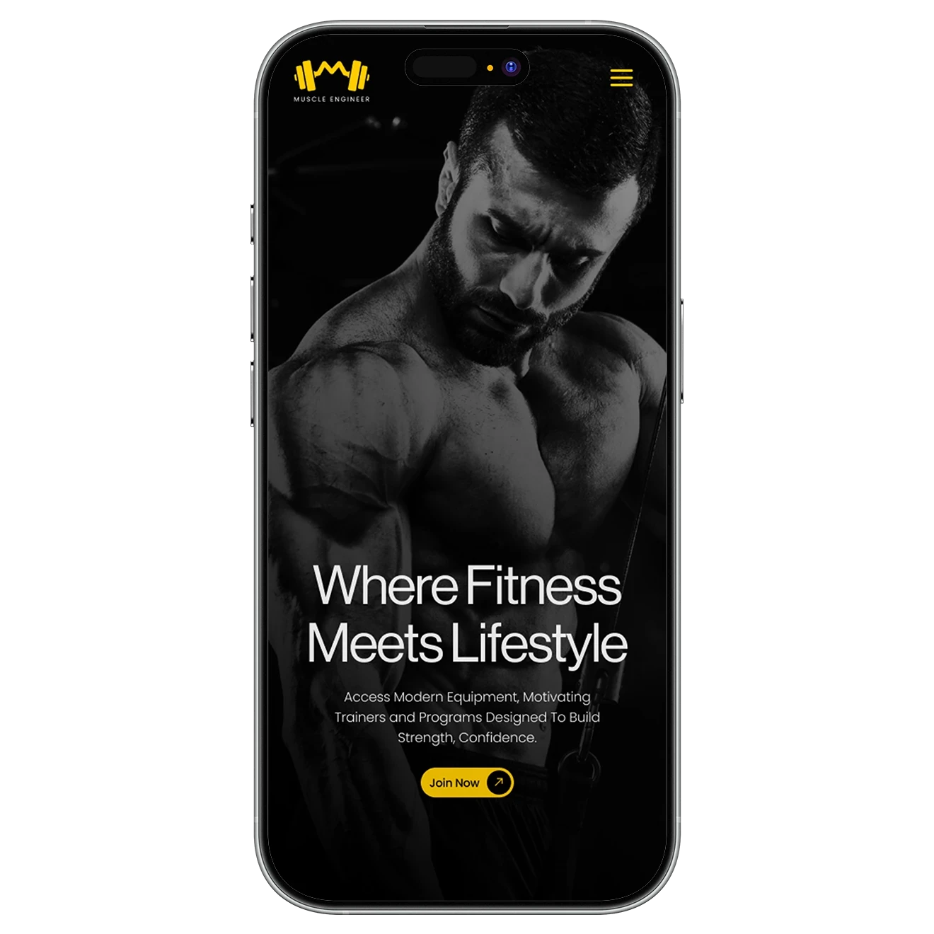 Muscle Engineer mobile website showcasing gym programs and fitness user interface