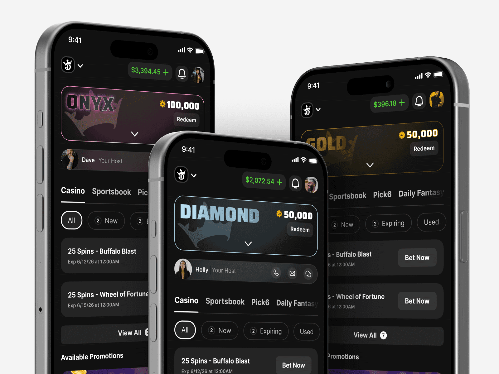 mobile screens of rewards center with varying loyalty tiers