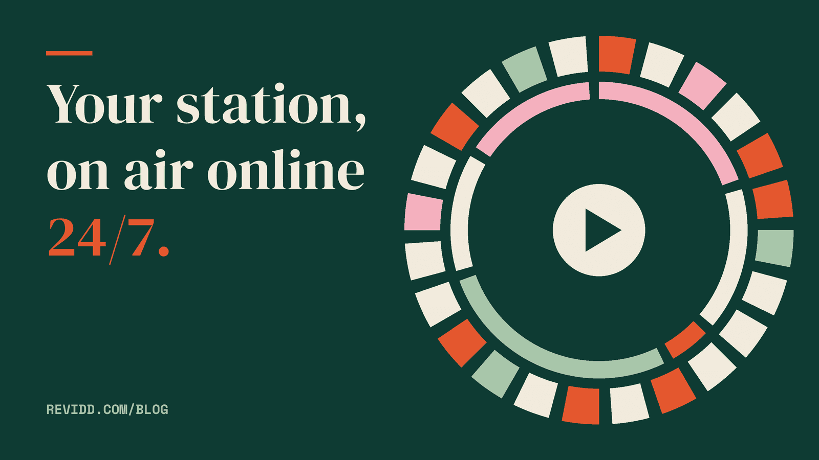 Round dial of colored program blocks around a play button, beside the words Your station, on air online 24/7.
