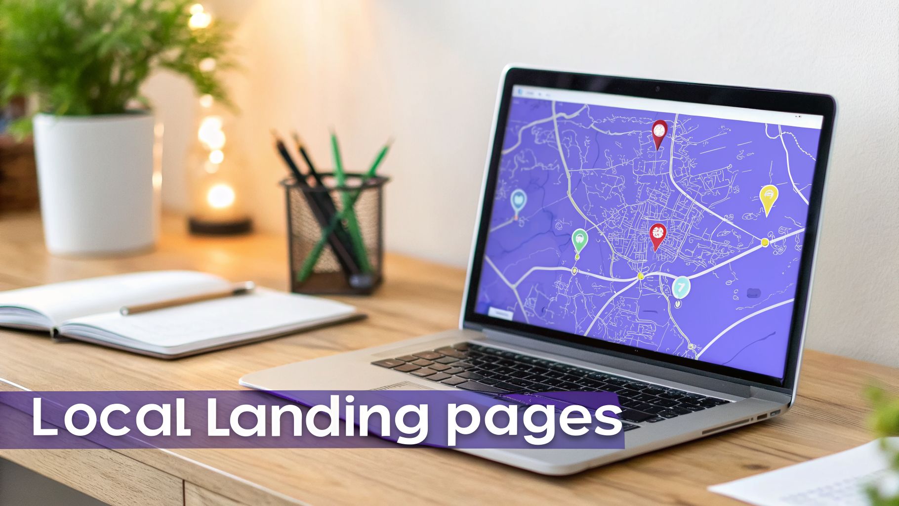 A laptop displays a map with location pins, next to a notebook, plant, and pencils, with 'Local Landing pages' text.