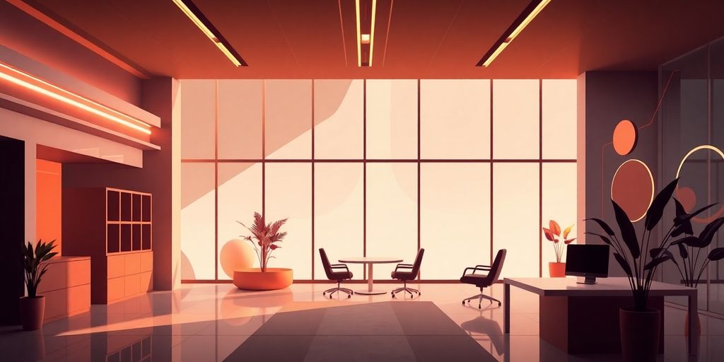 Retro Art Deco office with abstract shapes and colors.