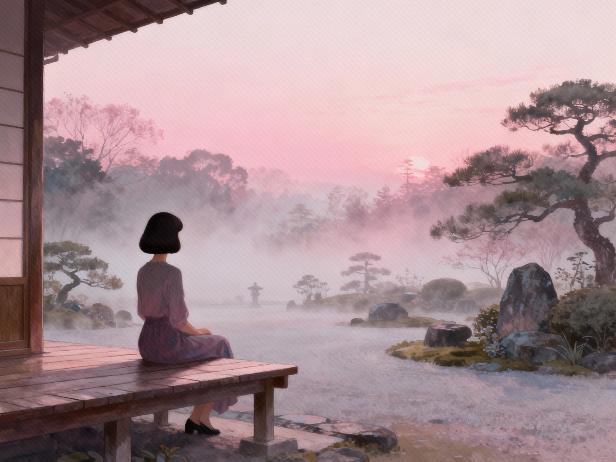 An artistic wide-angle landscape illustration of a serene Japanese garden at dawn featuring a woman
