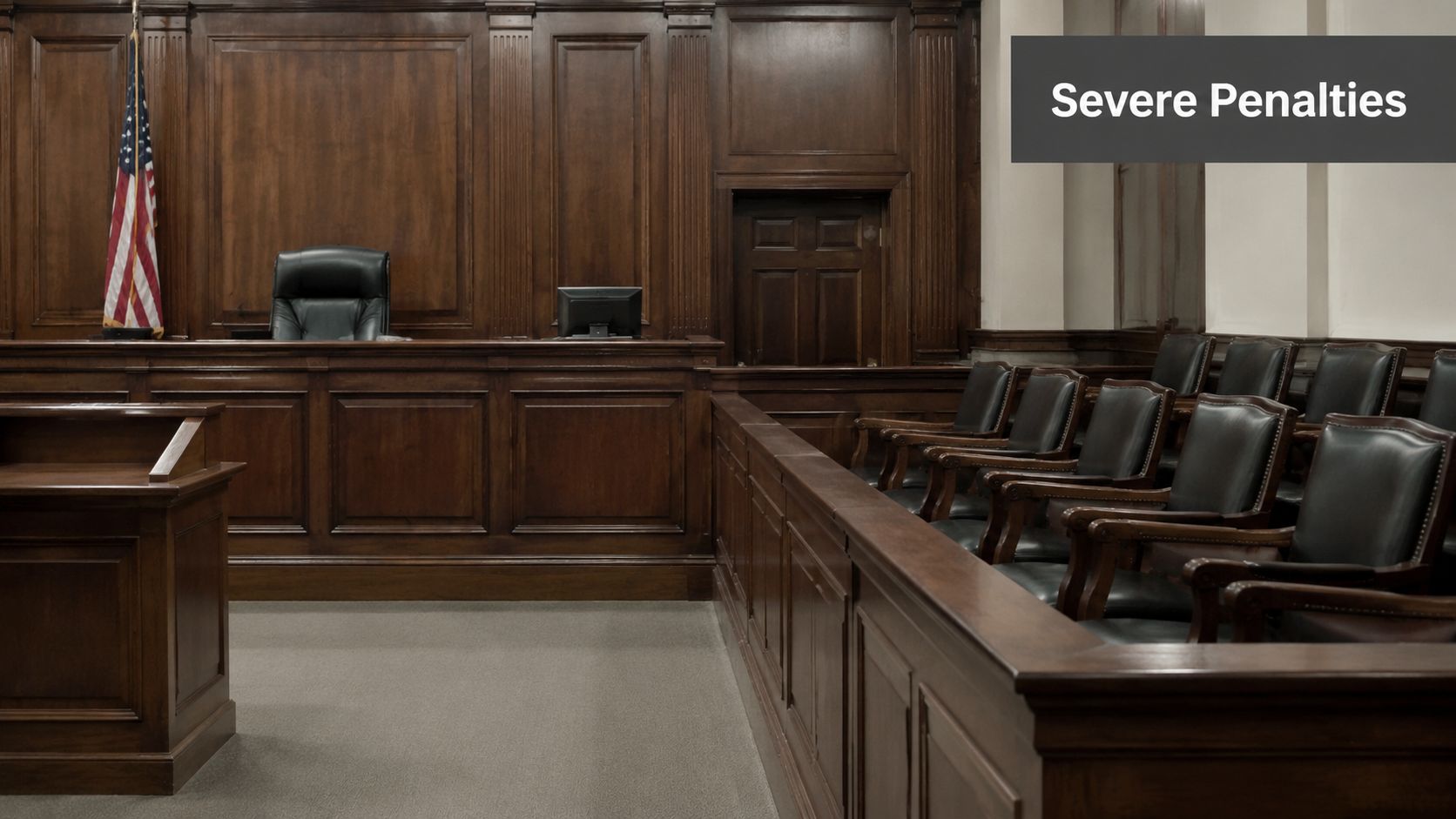 A wide angle view of an empty wood paneled courtroom interior featuring a judge chair and jury box.