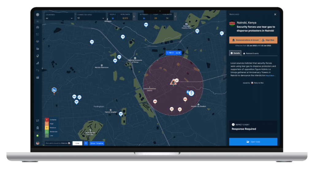Incident management software displaying real-time global risk alerts