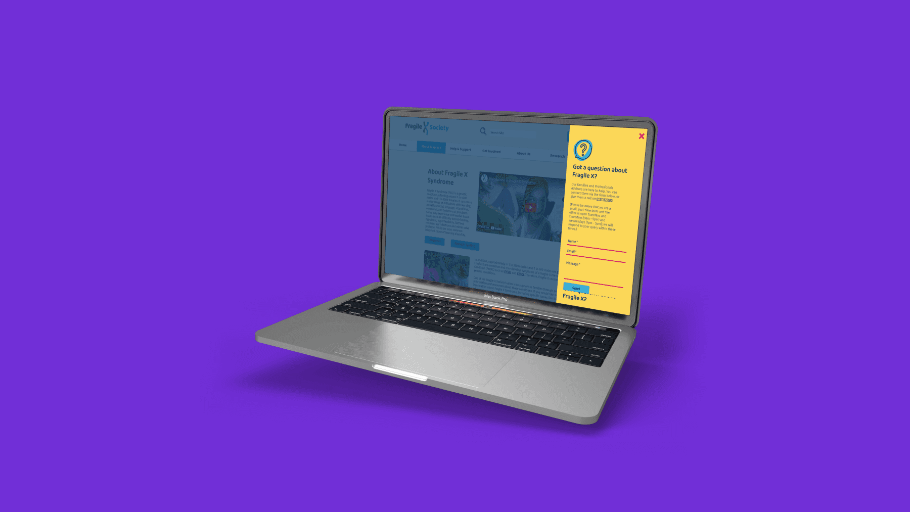 The Fragile X Society updated website question modal on laptop on purple background