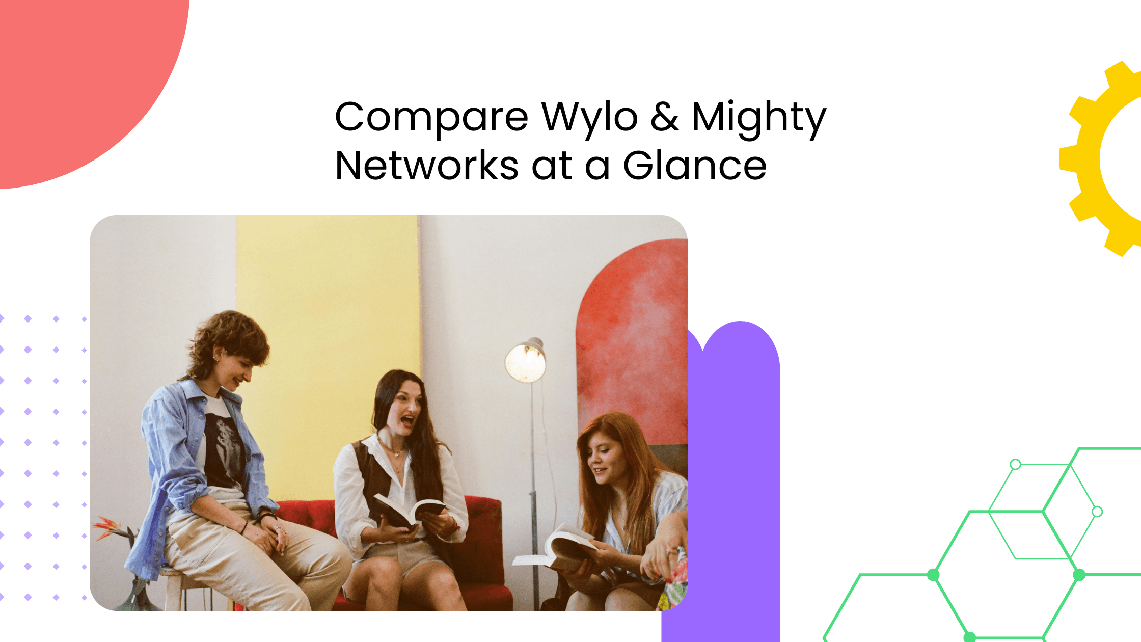 Three coaches discussing community platform features in a creative comparing Wylo and Mighty Networks.