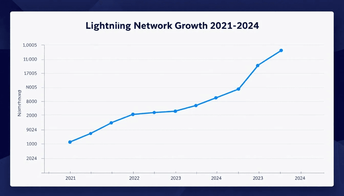 The image displays a graph illustrating the growth metrics of the lightning network from 2021 to 2024, highlighting trends in lightning network transactions, network capacity, and the increasing use of payment channels for faster and cheaper transactions on the Bitcoin blockchain. This visual representation emphasizes the evolution of off-chain transactions and the potential for low-cost, instant settlement in peer-to-peer payments.