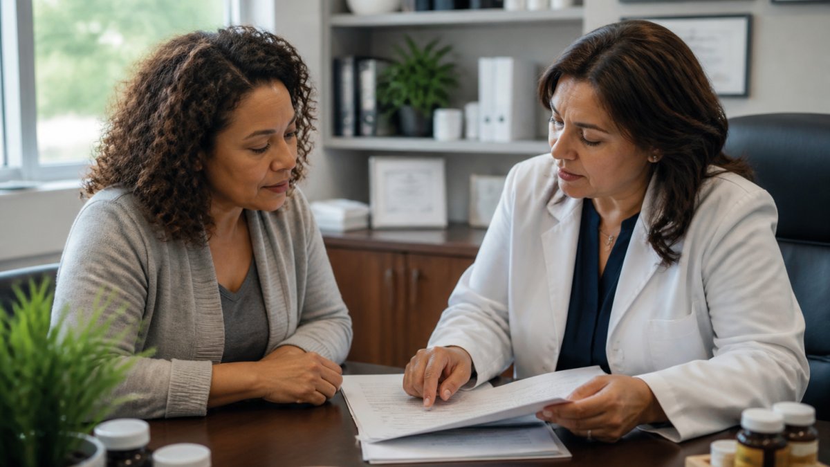 A woman and her doctor reviewing test results to explore healthspan alternatives for hormone optimization.