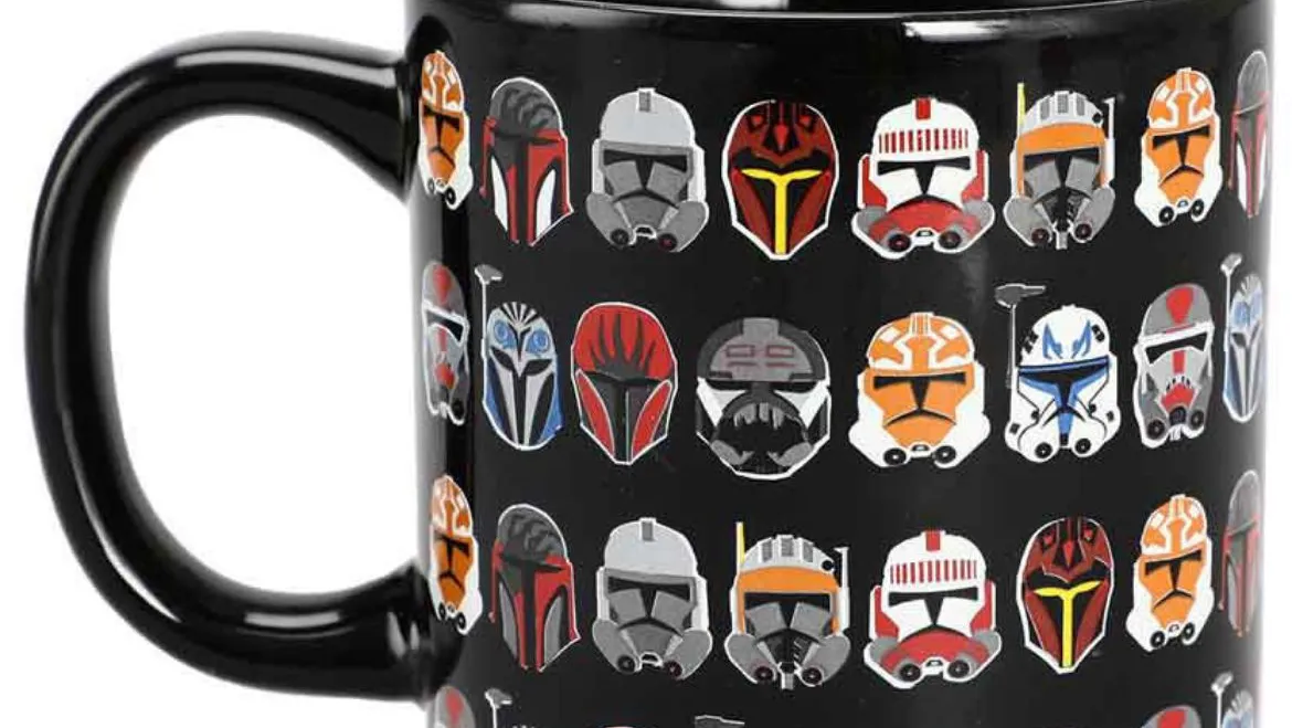 A Bioworld mug showing a vast number of Clone Trooper helmet designs on a black background