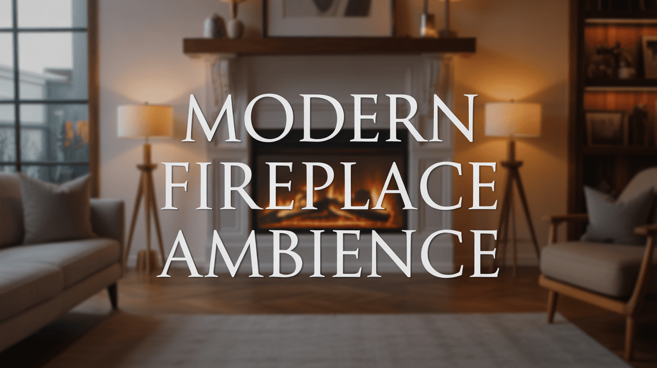 Modern fireplace in elegant living room with centered Modern Fireplace Ambience text