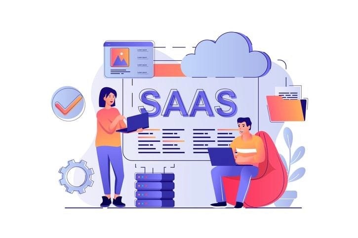 An illustration representing Software as a Service (SaaS) with cloud icons and applications.